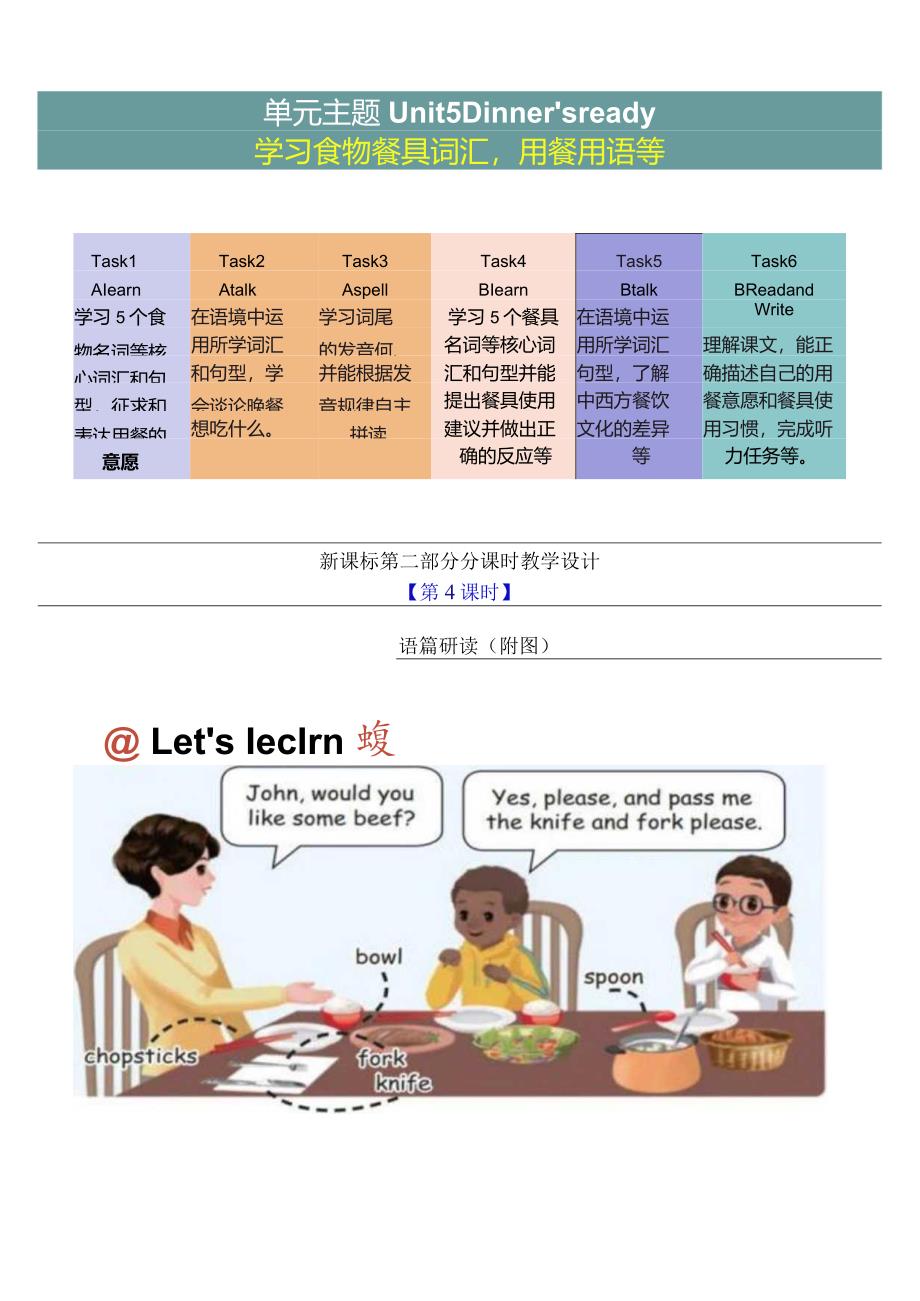 人教PEP四上大单元教学Unit 5 Dinner's ready PB Let's learn 教案.docx_第3页