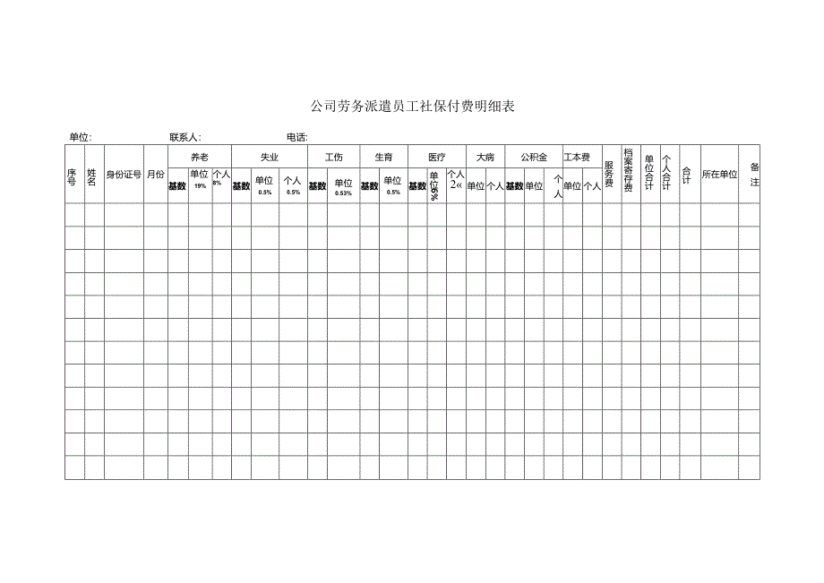 公司劳务派遣员工社保付费明细表.docx_第1页