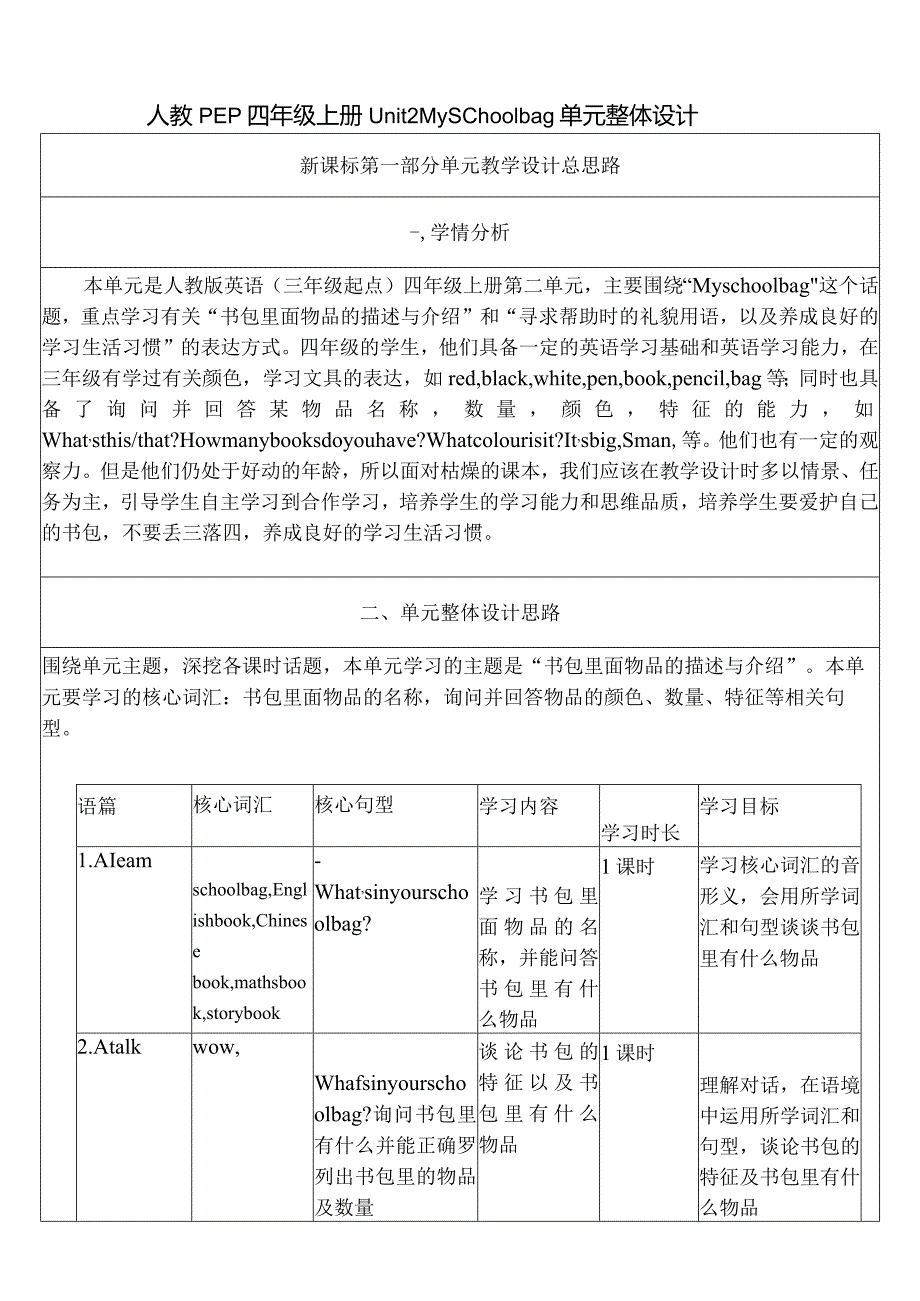 人教PEP四上大单元教学Unit 2 My schoolbag PB Read and write PC story tim教案.docx_第1页