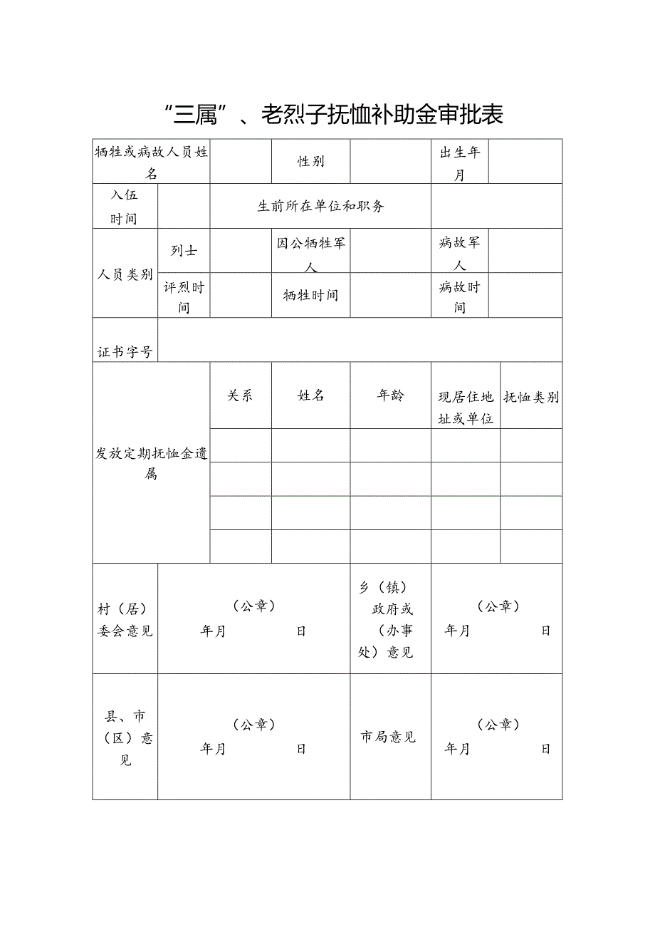 “三属”、老烈子抚恤补助金审批表.docx_第1页