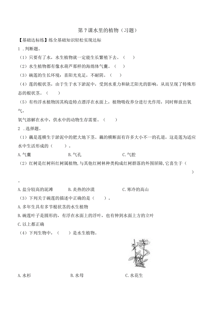 第7课 水里的植物（分层练习）三年级科学下册（苏教版）.docx_第1页