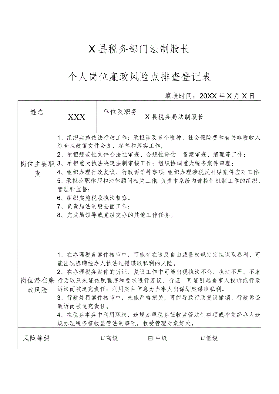 X县税务部门法制股长个人岗位廉政风险点排查登记表.docx_第1页