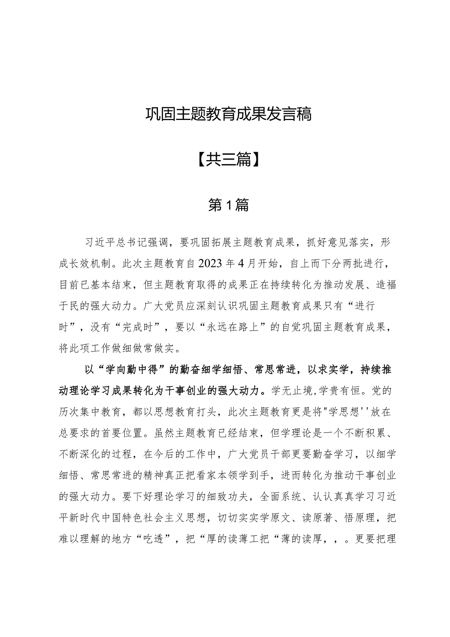 巩固主题教育成果发言稿3篇.docx_第1页