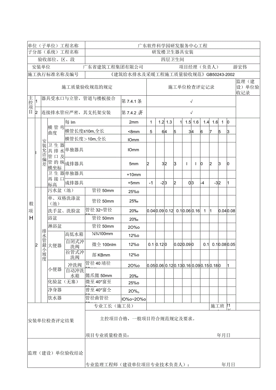 卫生器具排水管道安装工程检验批质量验收记录表.docx_第3页