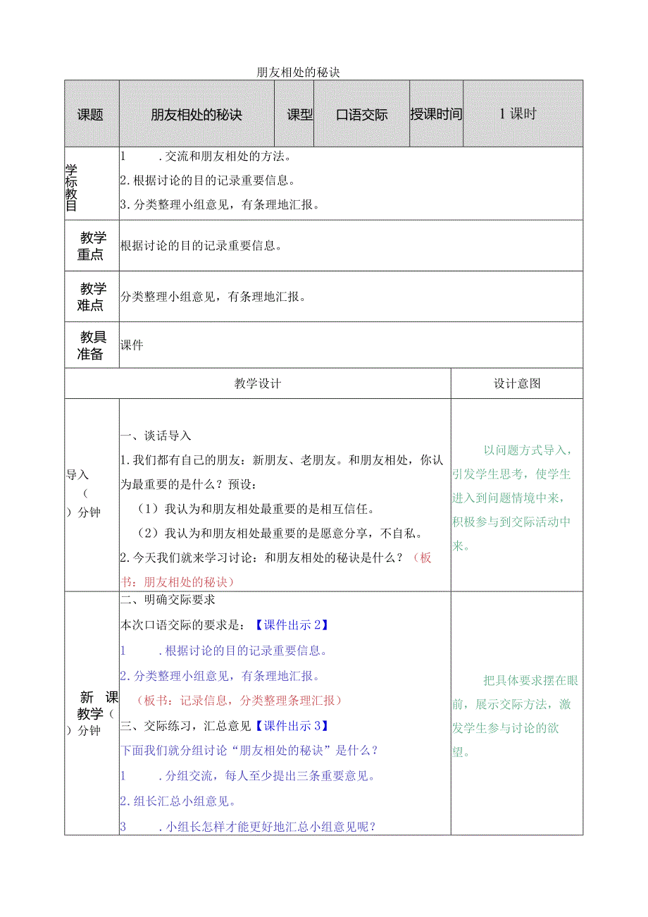 口语交际：朋友相处的秘诀 教学教案.docx_第1页