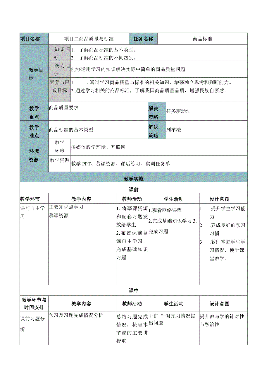 商品学（慕课版）教案-教学设计 2.3商品标准.docx_第1页