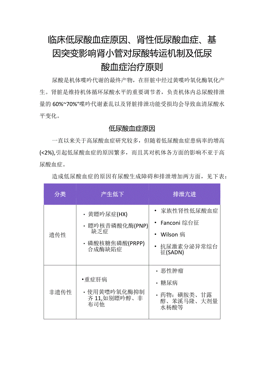 临床低尿酸血症原因、肾性低尿酸血症、基因突变影响肾小管对尿酸转运机制及低尿酸血症治疗原则.docx_第1页