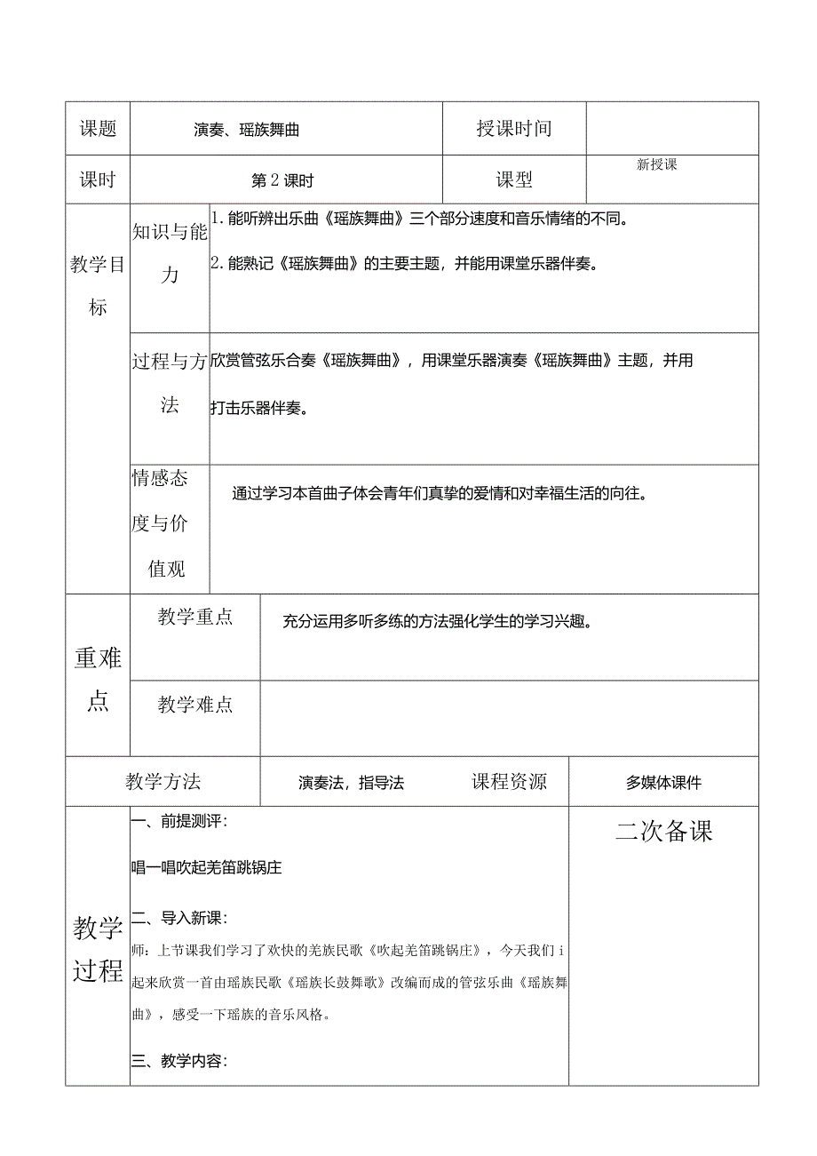 人教版五年级下册音乐演奏、瑶族舞曲教案.docx_第1页