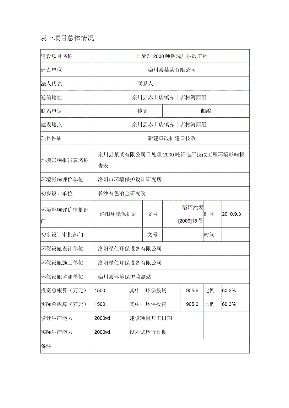 栾川县某某有限公司日处理2000吨钼选厂技改工程竣工环境保护验收调查表.docx_第2页