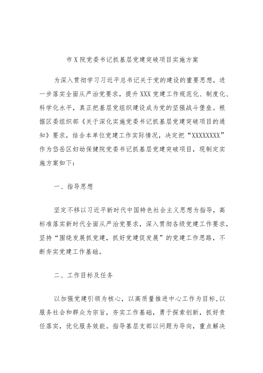 市X院党委书记抓基层党建突破项目实施方案.docx_第1页