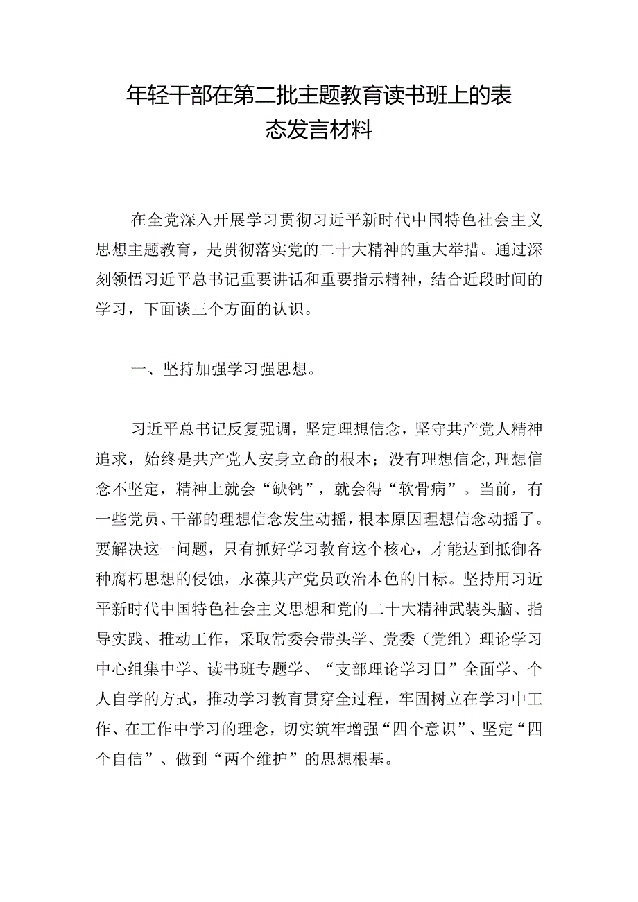 年轻干部在第二批主题教育读书班上的表态发言材料.docx_第1页