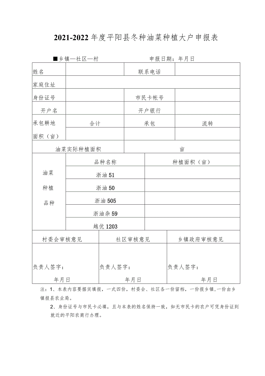 2021-2022年度平阳县冬种油菜种植大户申报表.docx_第1页