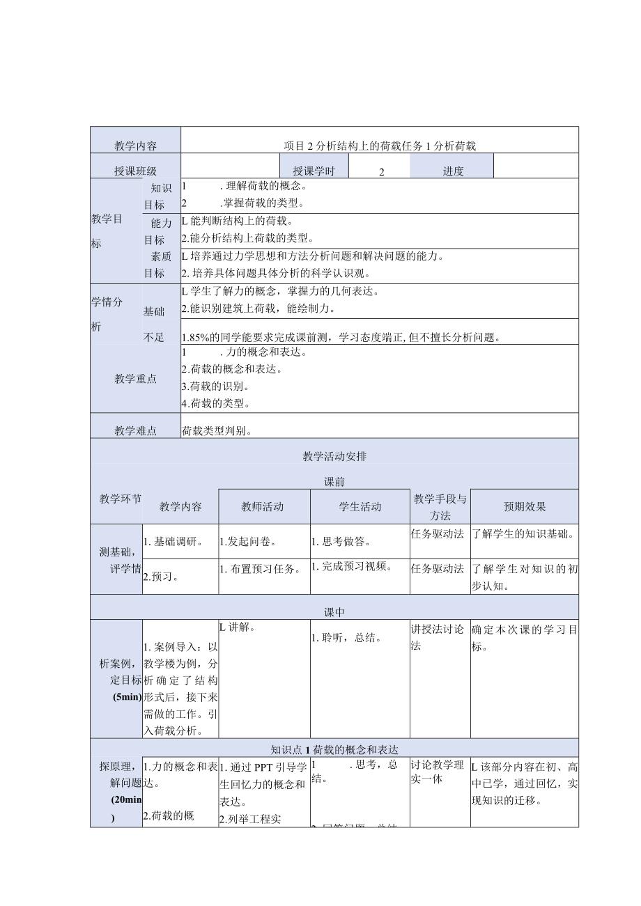 建筑力学与结构 第4版 教案 项目2 分析结构上的荷载 任务1分析荷载.docx_第1页