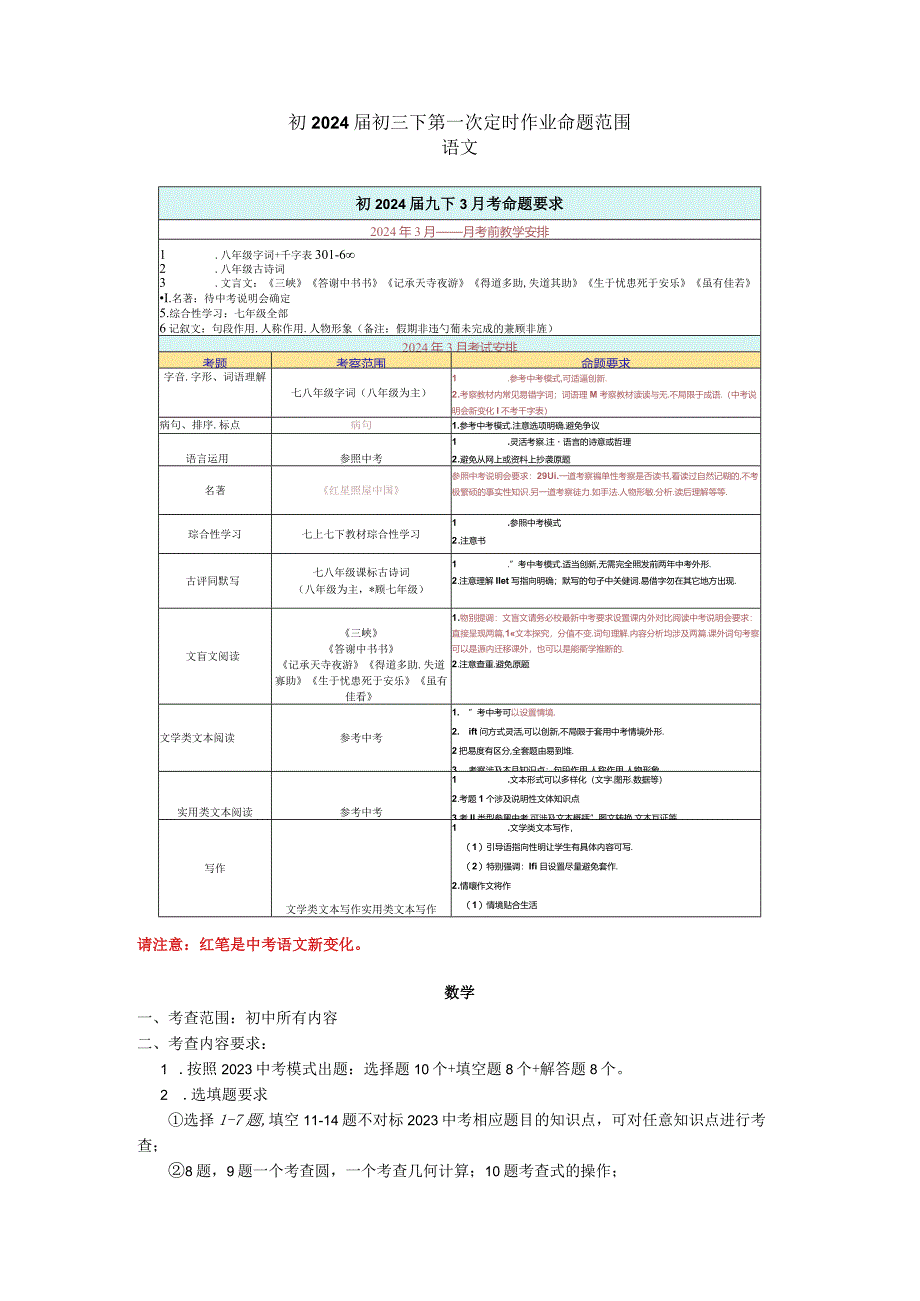 初2024届初三下第一次定时作业命题范围（2）.docx_第1页