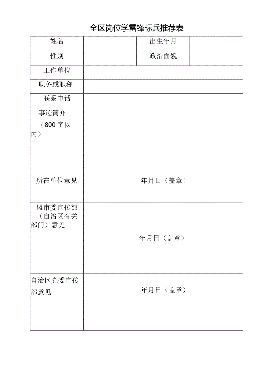 全区岗位学雷锋标兵推荐表.docx_第1页