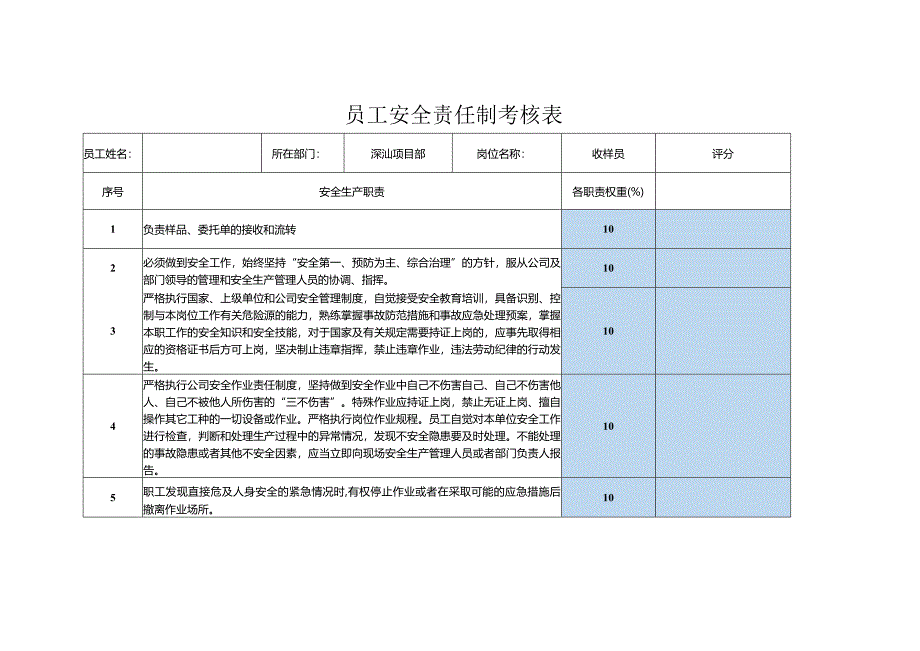 员工安全责任制考核表项目部收样员.docx_第1页