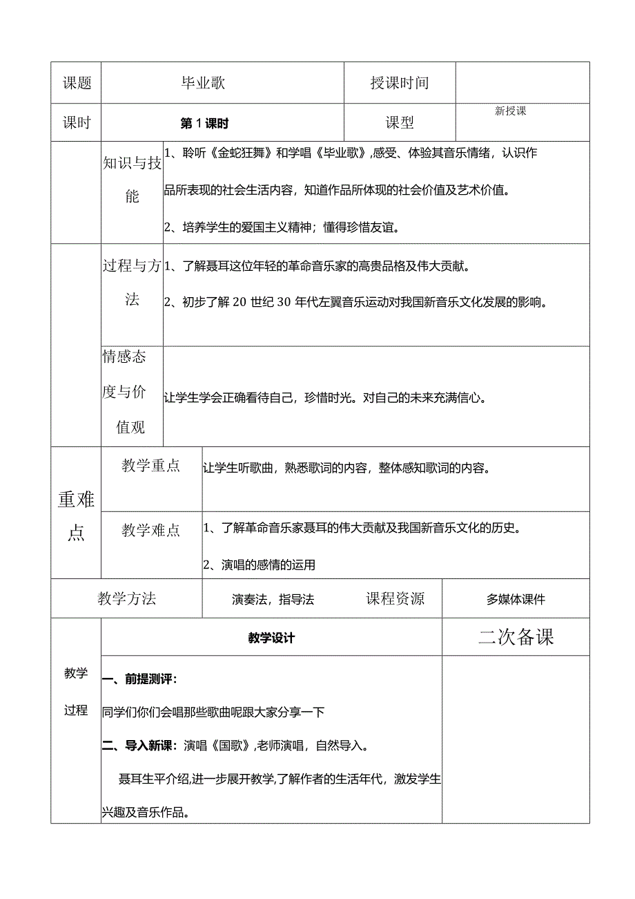 人教版六年级下册音乐毕业歌教案.docx_第1页