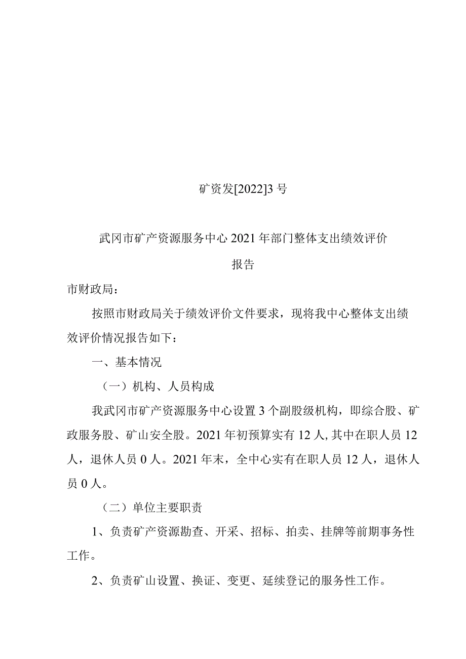 矿资发20223号武冈市矿产资源服务中心2021年部门整体支出绩效评价报告.docx_第1页