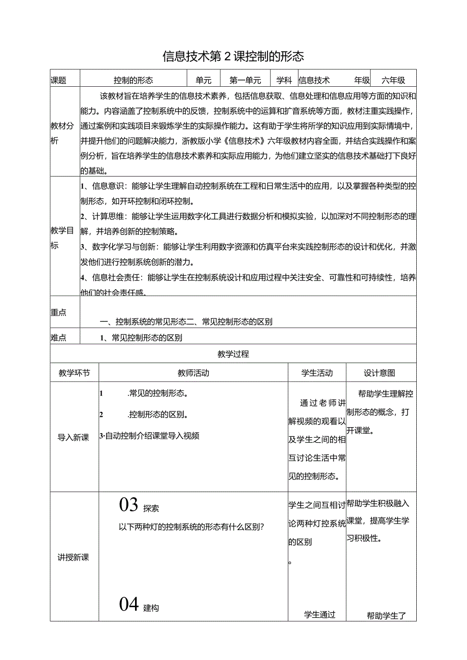 浙教版信息科技六年级下册第2课控制的形态教案.docx_第1页