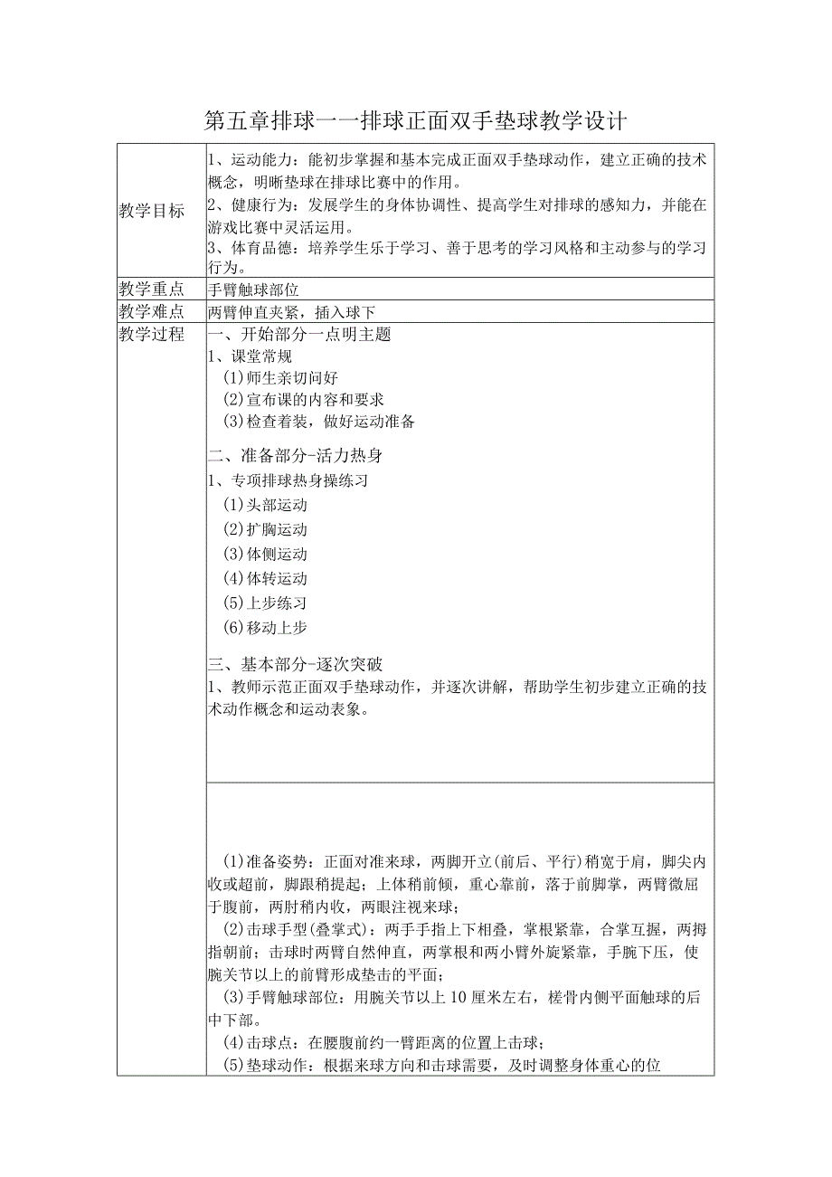 第五章排球——排球正面双手垫球教学设计（表格式）2022-2023学年人教版初中体育与健康七年级全一册.docx_第1页