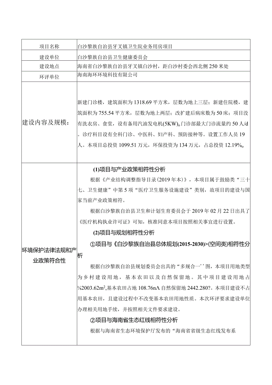 白沙黎族自治县牙叉镇卫生院业务用房项目环评信息.docx_第1页