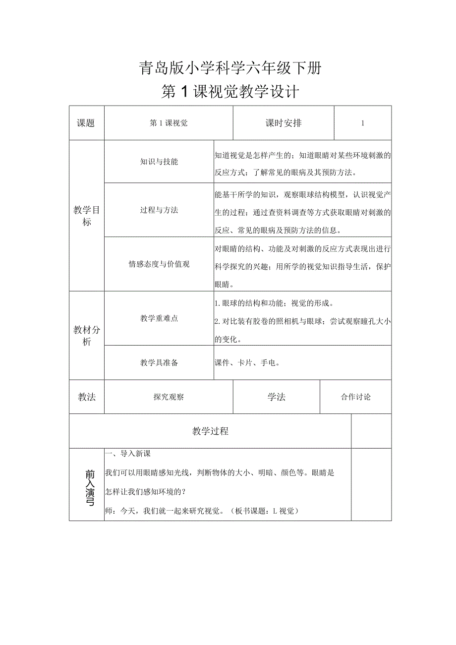 第1课视觉（教学设计）六年级科学下册（青岛版）.docx_第1页