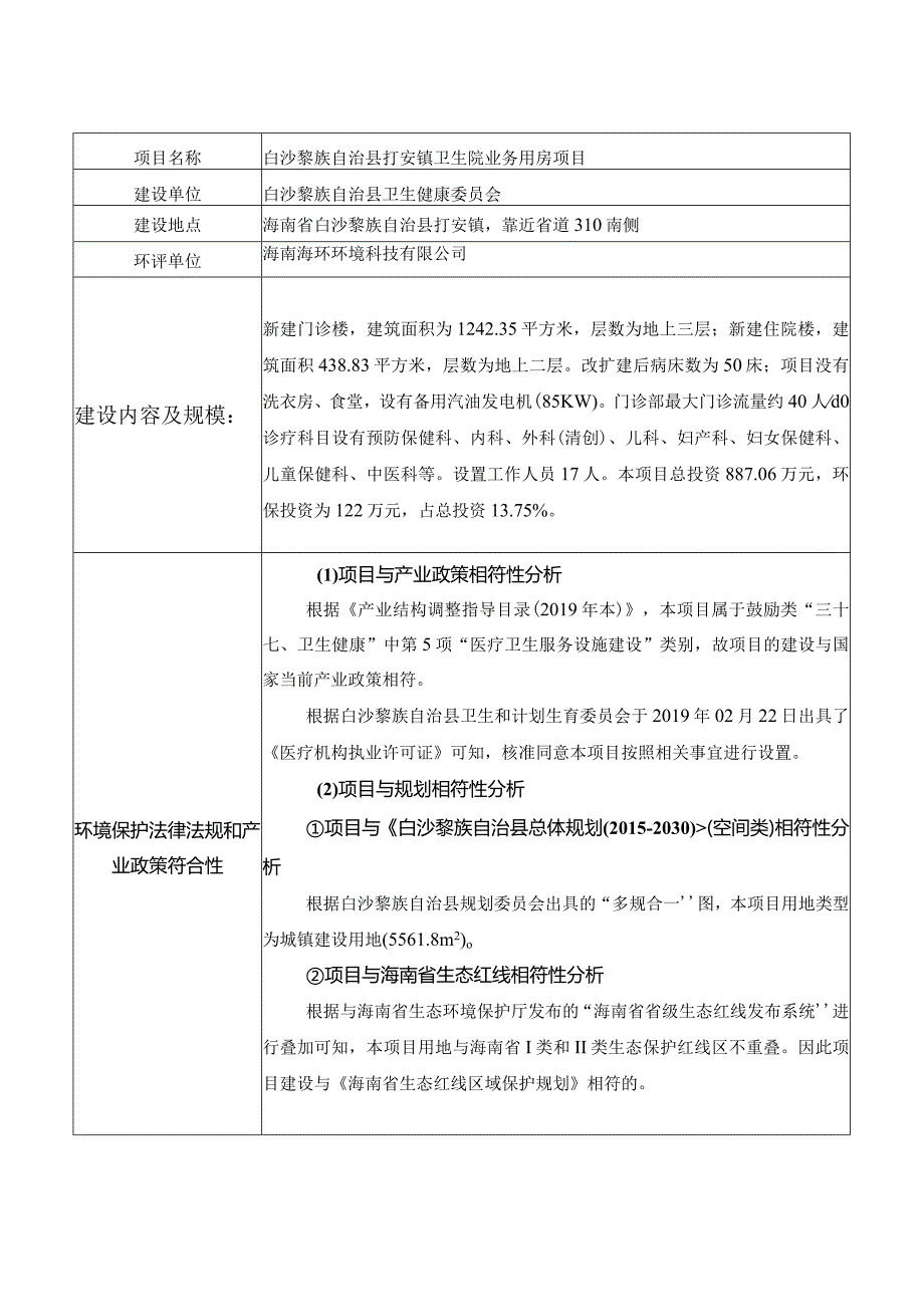 白沙黎族自治县打安镇卫生院业务用房项目环评信息.docx_第1页