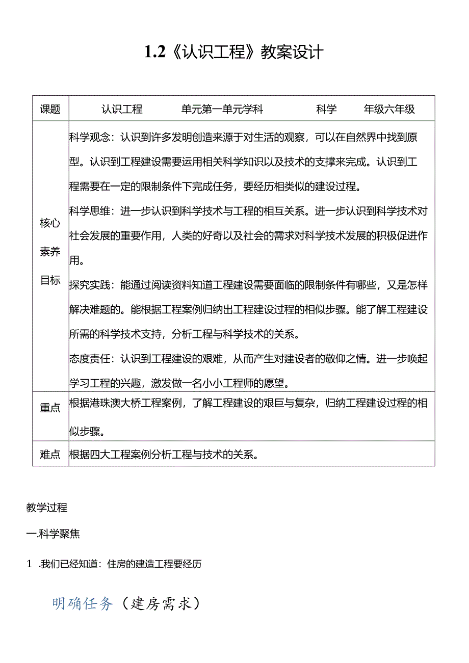 教科版六年级科学下册（核心素养目标）1-2认识工程教案设计.docx_第1页