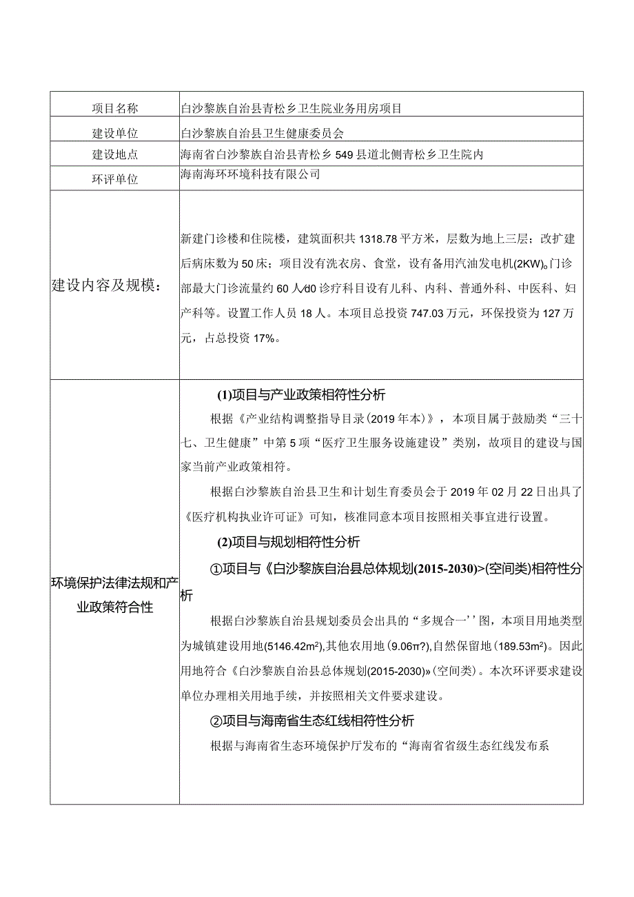 白沙黎族自治县青松乡卫生院业务用房项目环评信息.docx_第1页