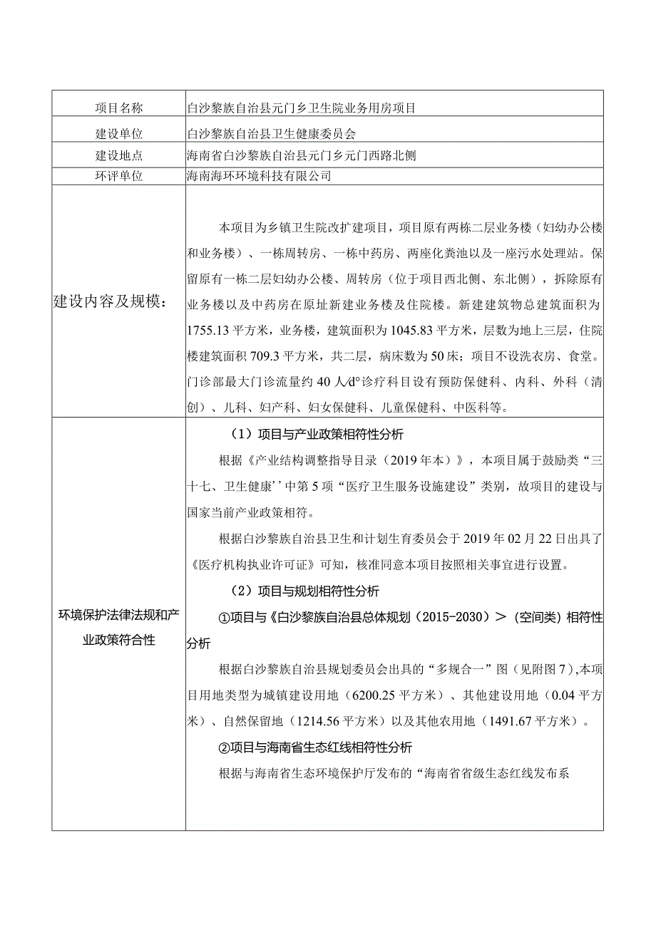 白沙黎族自治县元门乡卫生院业务用房项目环评信息.docx_第1页