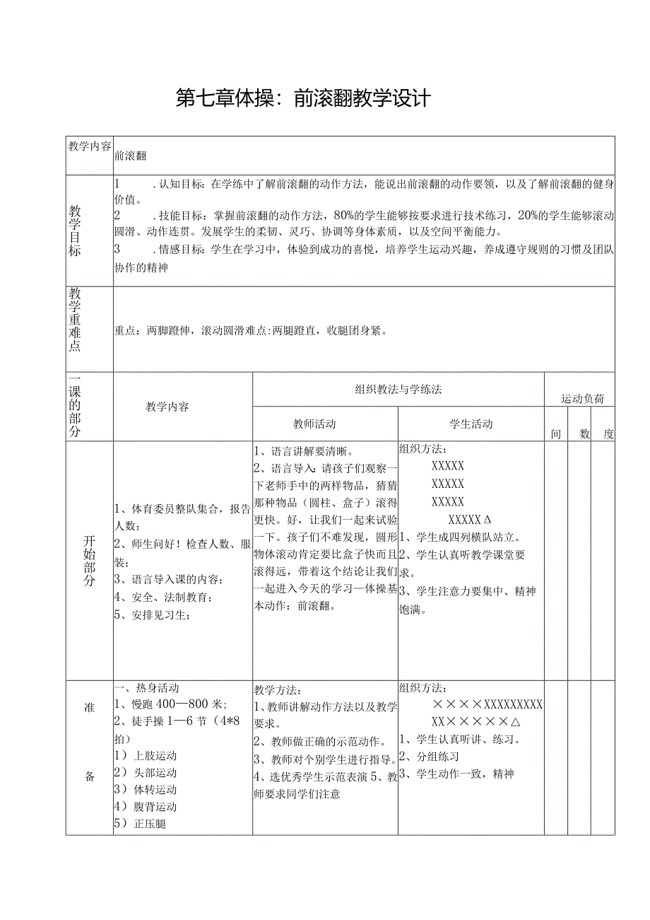 第七章体操—前滚翻教学设计（表格式）.docx_第1页