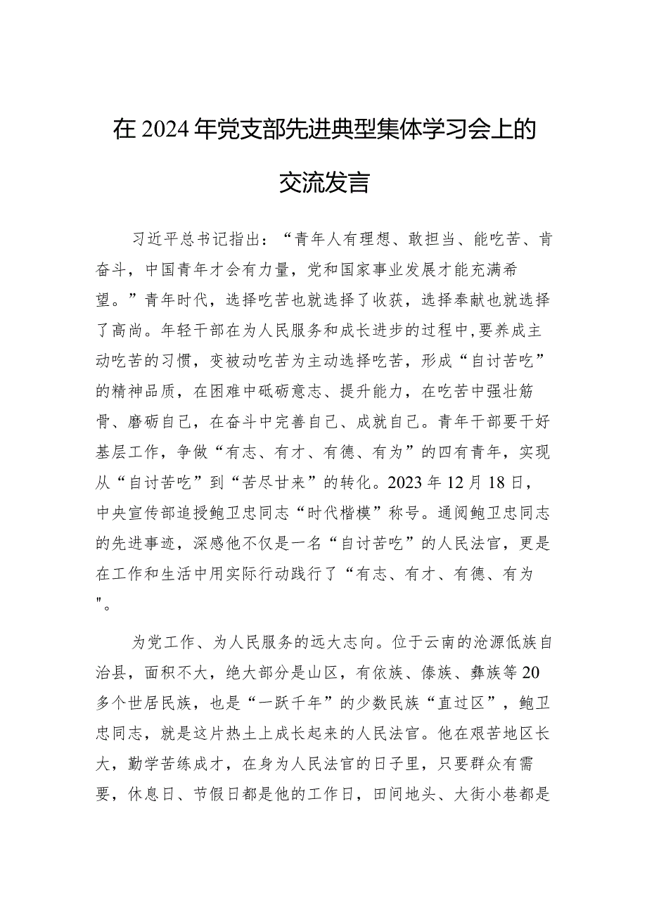 研讨发言：2024年党支部先进典型集体学习交流材料.docx_第1页