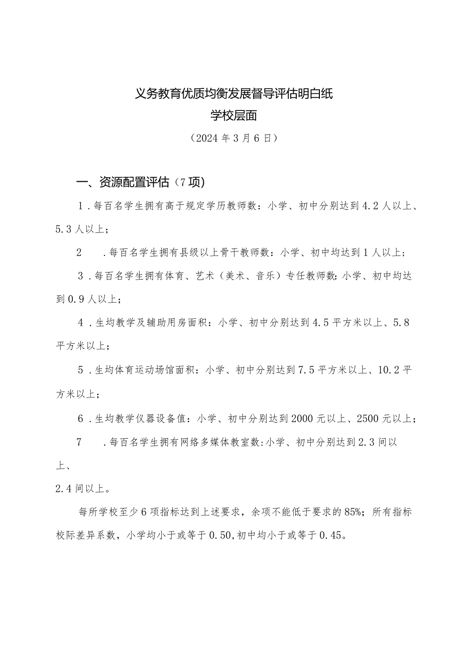 （学校用）义务教育优质均衡发展督导评估明白纸.docx_第1页