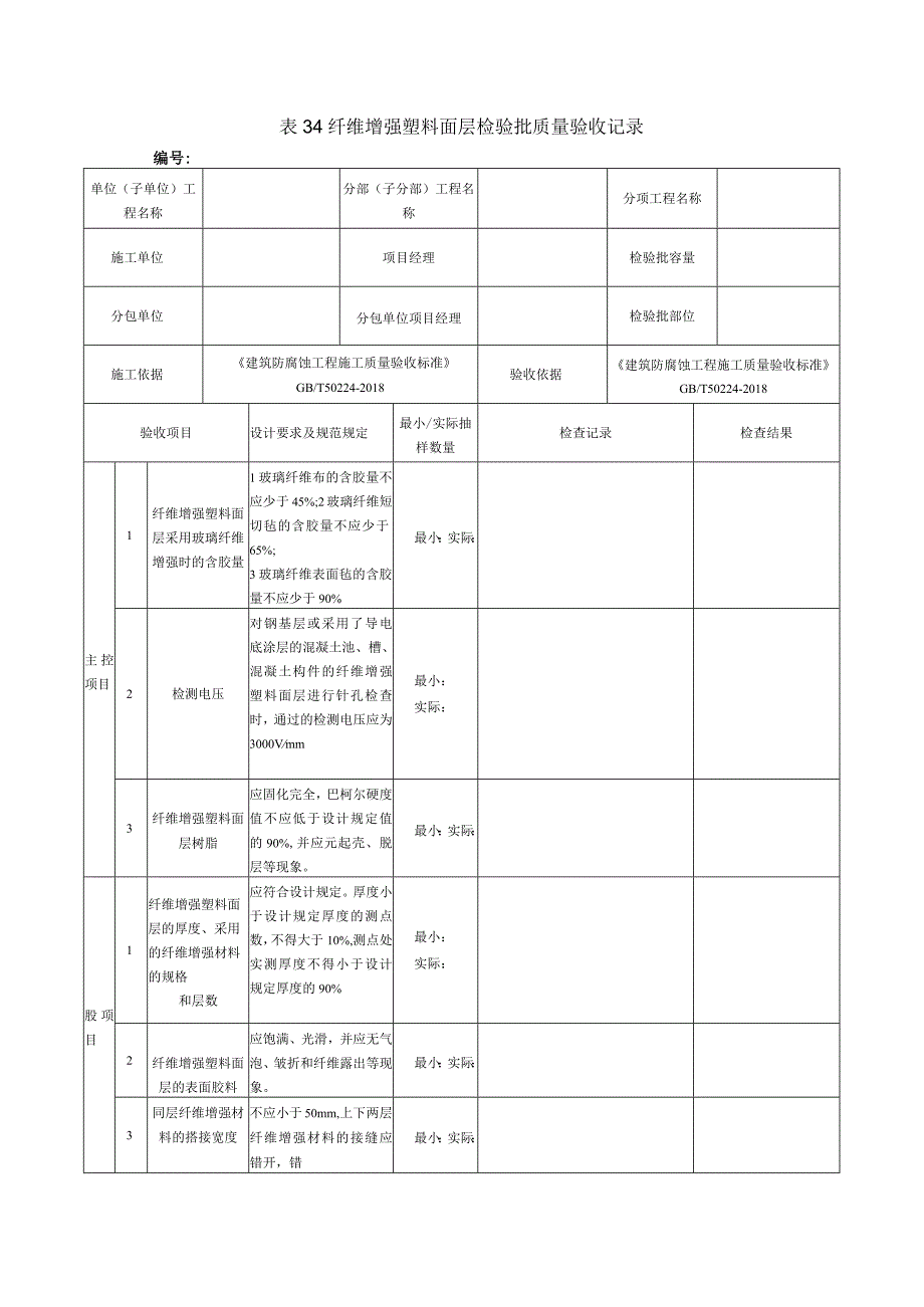 表34纤维增强塑料面层检验批质量验收记录.docx_第1页