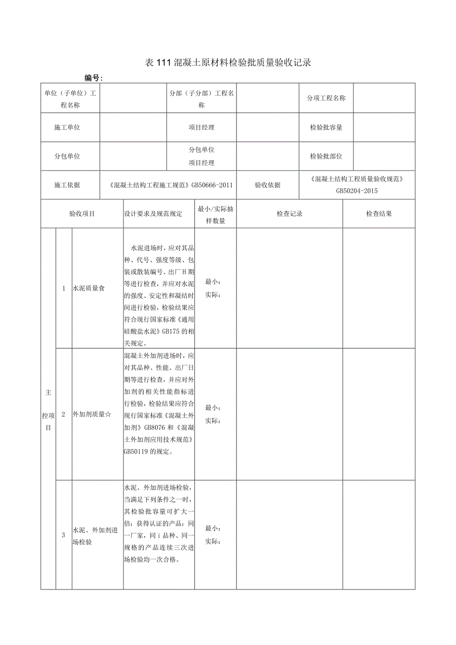 表111混凝土原材料检验批质量验收记录.docx_第1页