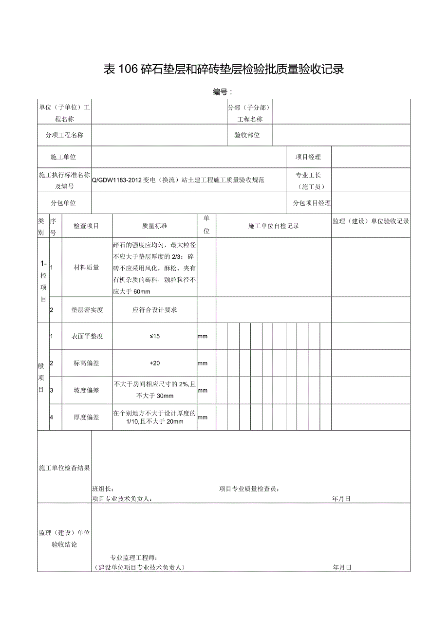 表106碎石垫层和碎砖垫层检验批质量验收记录.docx_第1页