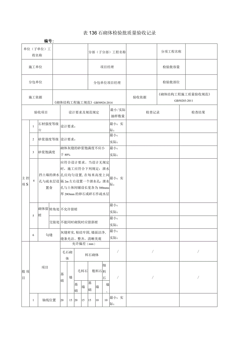 表136石砌体检验批质量验收记录.docx_第1页