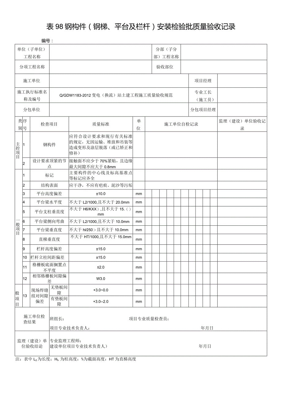 表98钢构件(钢梯、平台及栏杆)安装检验批质量验收记录.docx_第1页