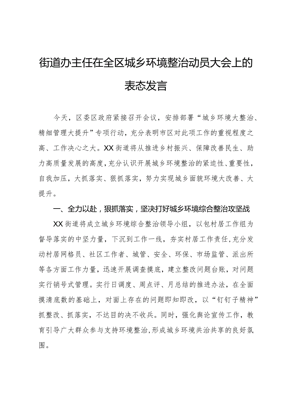 街道办主任在全区城乡环境整治动员大会上的表态发言.docx_第1页