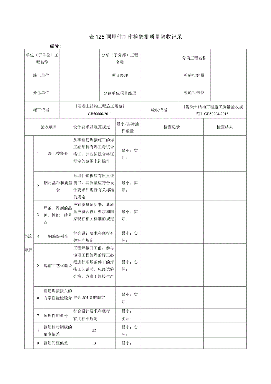 表125预埋件制作检验批质量验收记录.docx_第1页