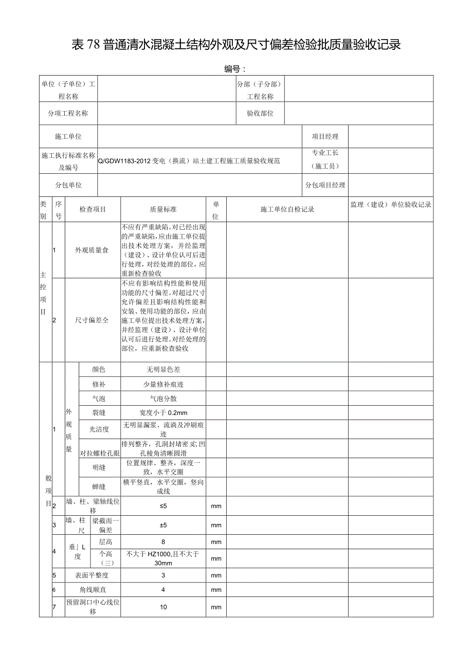 表78普通清水混凝土结构外观及尺寸偏差检验批质量验收记录.docx_第1页