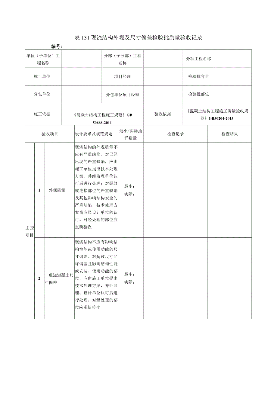 表131现浇结构外观及尺寸偏差检验批质量验收记录.docx_第1页