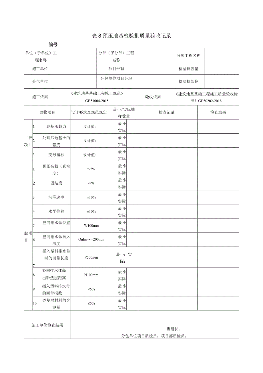 表8预压地基检验批质量验收记录.docx_第1页