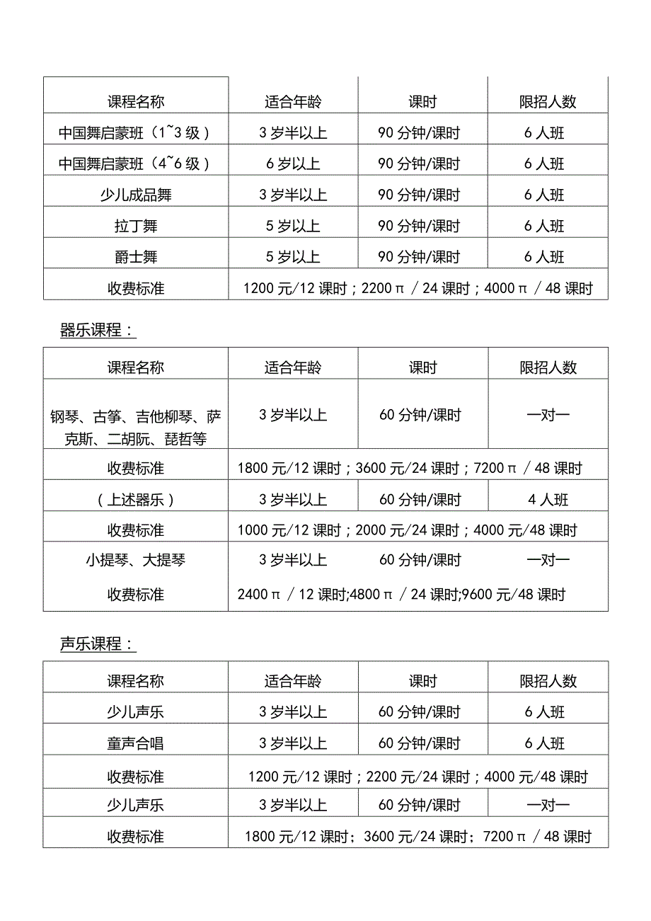 艺术培训课程价目表.docx_第1页