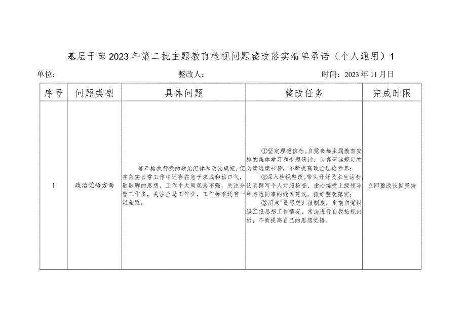 精选2篇基层干部2023年第二批主题教育检视问题整改落实清单承诺（个人通用）.docx_第2页