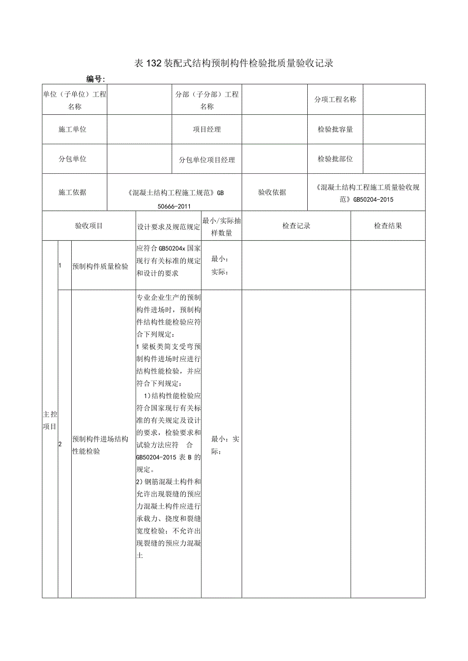 表132装配式结构预制构件检验批质量验收记录.docx_第1页