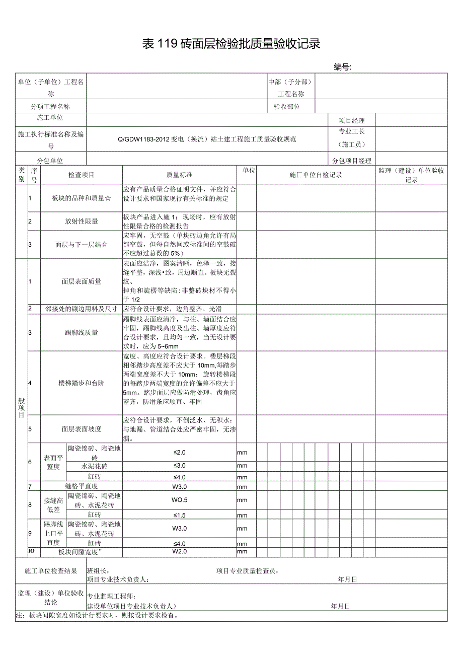 表119砖面层检验批质量验收记录.docx_第1页