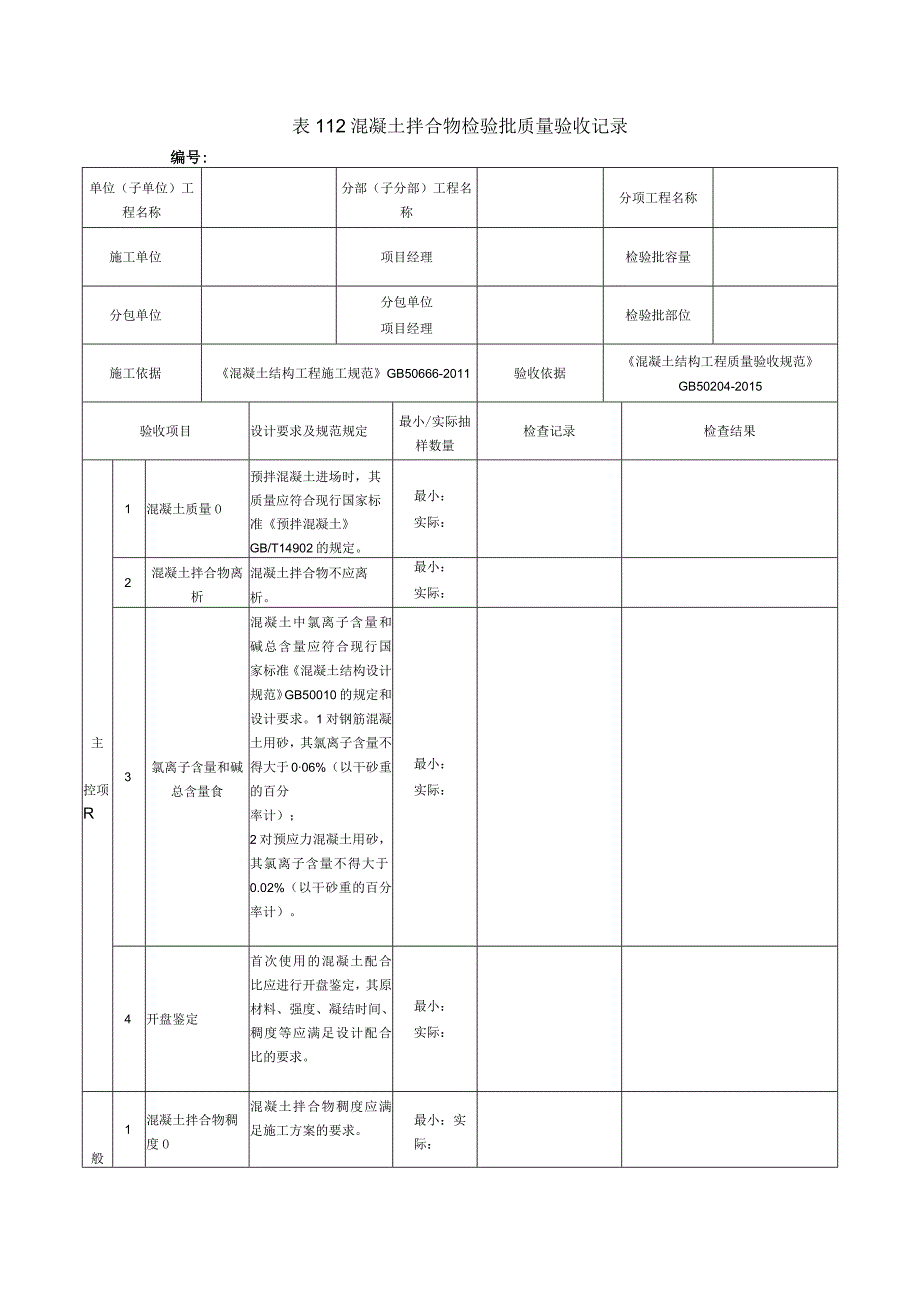 表112混凝土拌合物检验批质量验收记录.docx_第1页