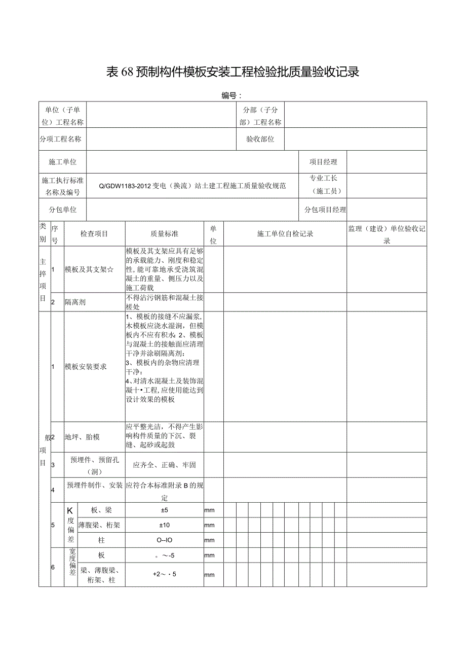 表68预制构件模板安装工程检验批质量验收记录.docx_第1页