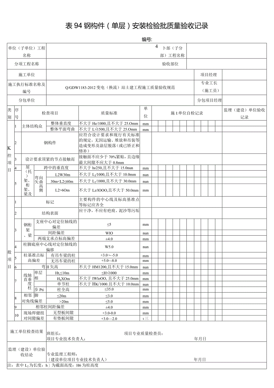 表94钢构件(单层)安装检验批质量验收记录.docx_第1页